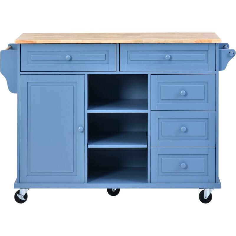 Rolling Kitchen Island Cart with Rubber Wood Top, 5 Drawers, Storage Cabinet & Adjustable Shelves - 53" Black