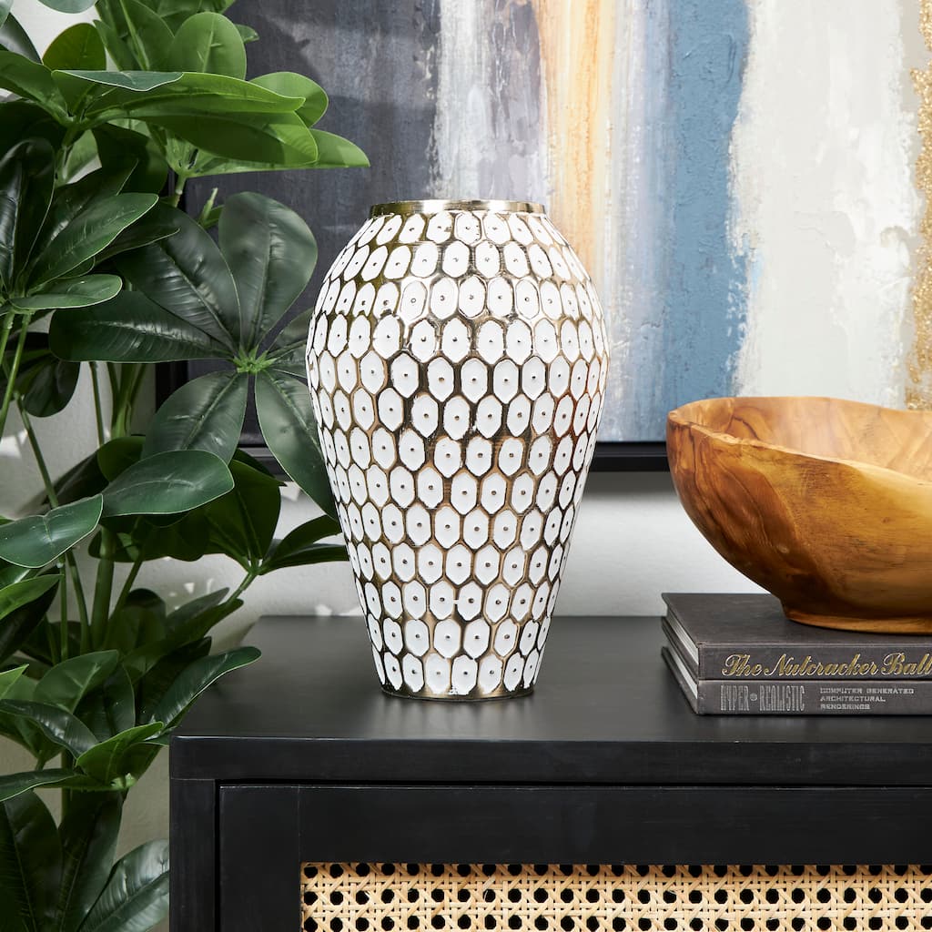 Gold Metal Geometric Dot Geometric Decorative Vase with White Accents