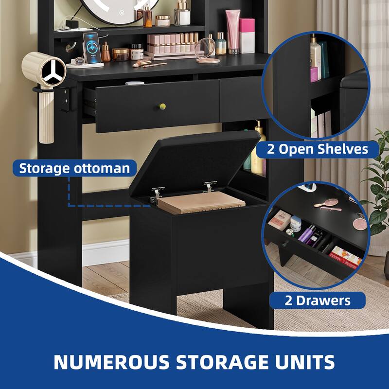 Moasis Makeup Vanity Set With Storage Ottoman and LED Lighted Mirror & Charge Station