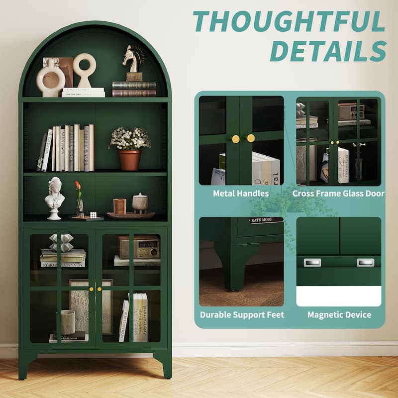 73.6-Inch Arched Metal Storage Display Cabinet with Adjustable Shelves