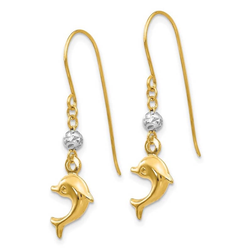 Curata 14k Two Tone Gold 33x8mm Puffed Dolphin Shepard Hook Earrings