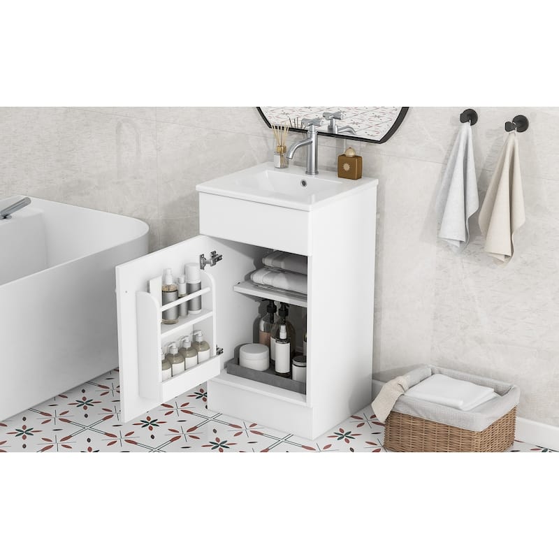 18" Bathroom Vanity With Sink, Vanity Cabinet With Door Shelf And Adjustable Shelf, White