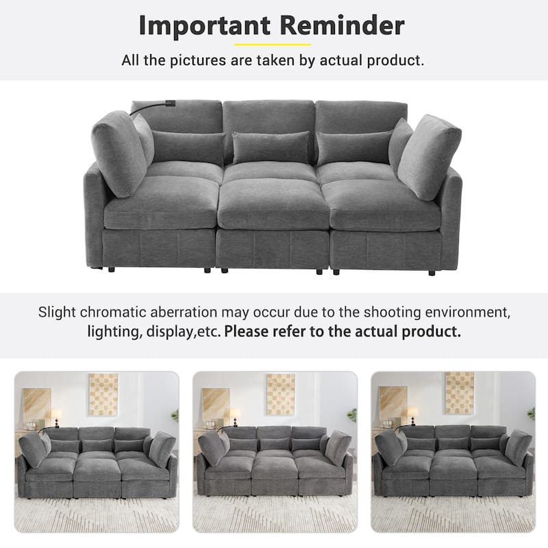 Modular Sectional Sofa with Movable Ottoman Convertible L-Shape or U-Shape Sofa Bed Built-in USB Charging Ports and Phone Holder