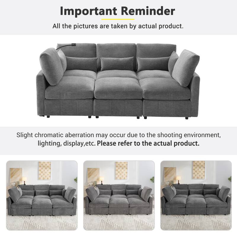 U Shaped Modular Sectional Sofa with Movable Ottoman, Chenille Upholstered 5-Seater Sofa with 2 USB Ports & Phone Holder