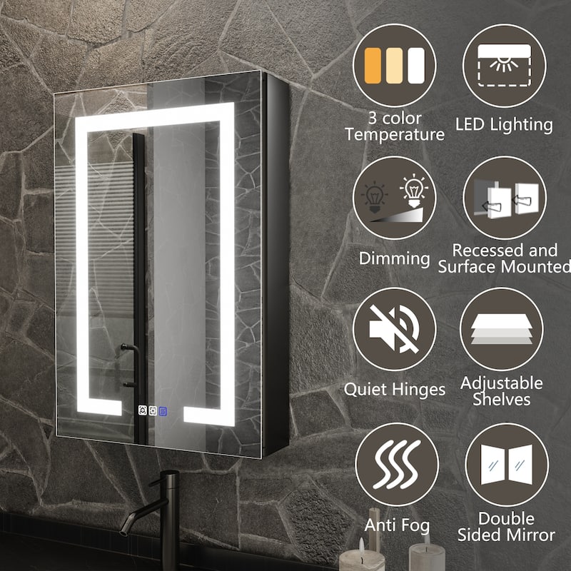ExBrite 20" x 30" LED Lighted Bathroom Medicine Cabinet with Mirror,Recessed or Surface Mount,Defog