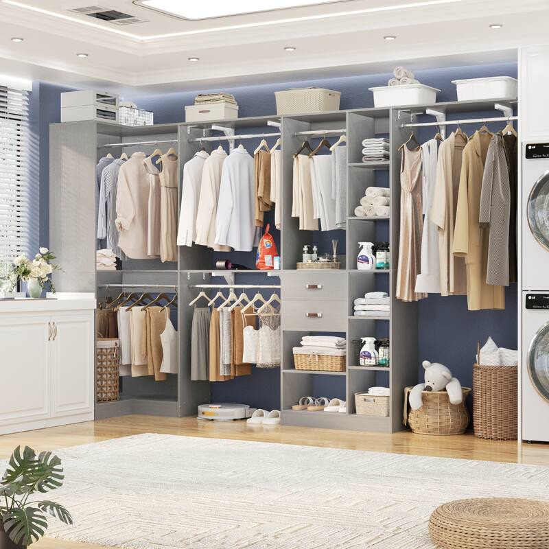 Rackcog 63’‘ - 127.5'' Closet System with Hanging Rods, Set of 2 Corner Closet Organizer with Drawers and Shelves - Grey