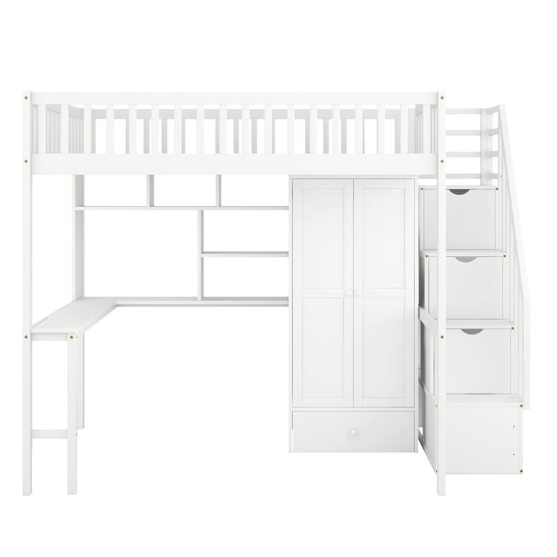 Loft Bed with Bookshelf,Drawers,Desk,and Wardrobe