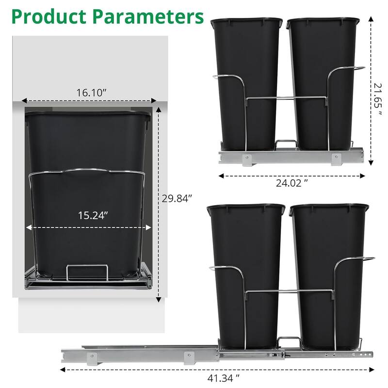 Double Black 2x35QT Pullout Trash Can, Handle Model - Fits Cabinets 16.10x24.8x29.84 inches（Contains two trash cans）