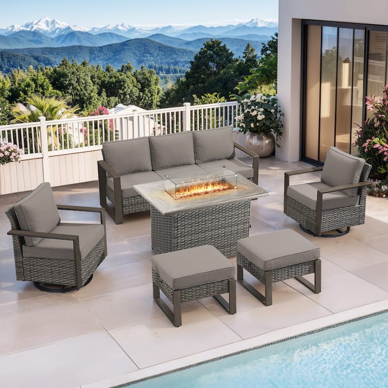 Pocassy 6 Pieces Outdoor Sofa Swivel Chair Ottoman with Fire Pit Table Set - Gray cushion - Gray Wicker
