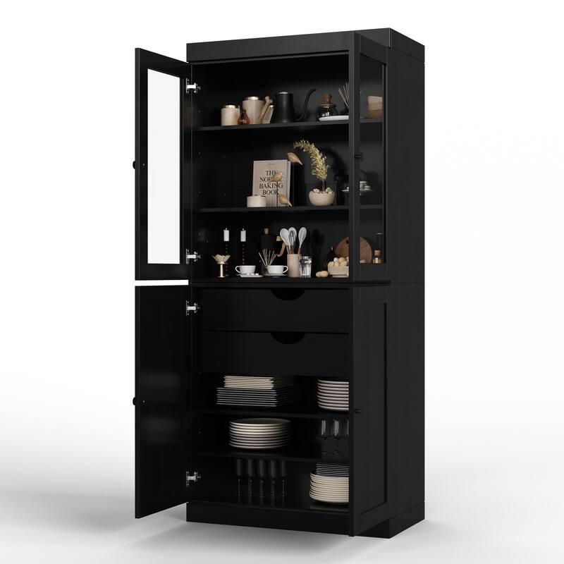 Palace Imports 100% Solid Wood 32" Pantry Cabinet with Clear Glass, Shaker Doors, 2-Drawers and Adjustable Shelves