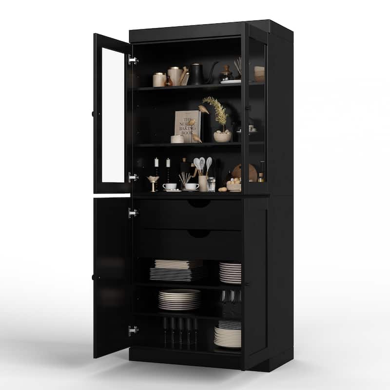 Palace Imports 100% Solid Wood Pantry Cabinet, Shaker & Clear Glass Doors, 2 Drawers, Adjustable Shelves, 32" Wide, 71.5" Tall