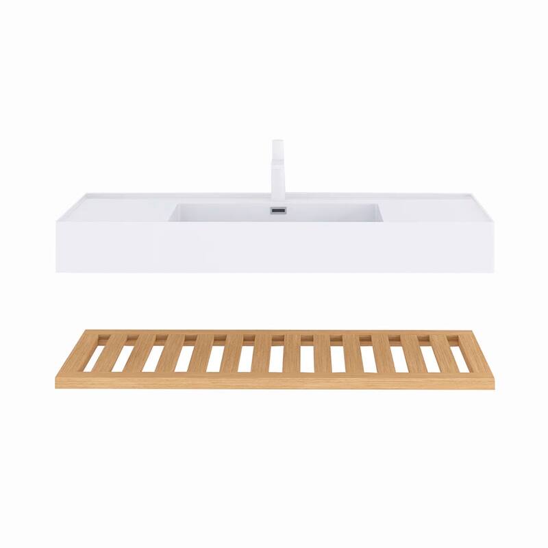 Wall-Mounted Bathroom Vanity in Natural Wood with White Integrated Acrylic Sink