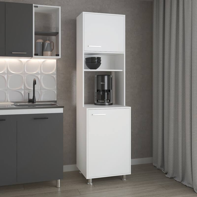 White Kitchen Pantry with Open Storage and 2 Doors - White
