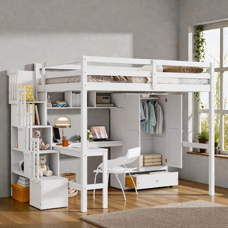 Full Size Wood Loft Bed with Desk, Wardrobe and Storage Staircase, USB Charging Station, Safety Guardrails