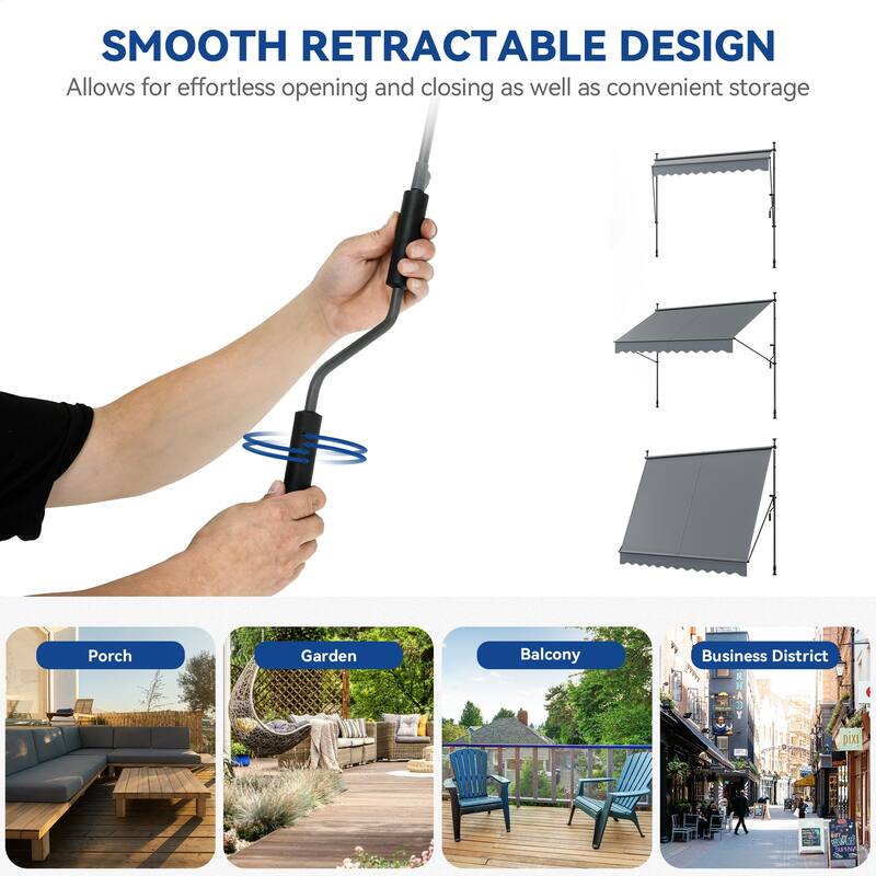 Mosis 13' x 4' Manual Retractable Awning, Non-Screw Freestanding Patio Sun Shade Shelter with Support Pole Stand