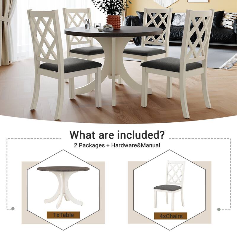 5-Piece Wooden Dining Table Set with Round Table & 4 Upholstered Chairs