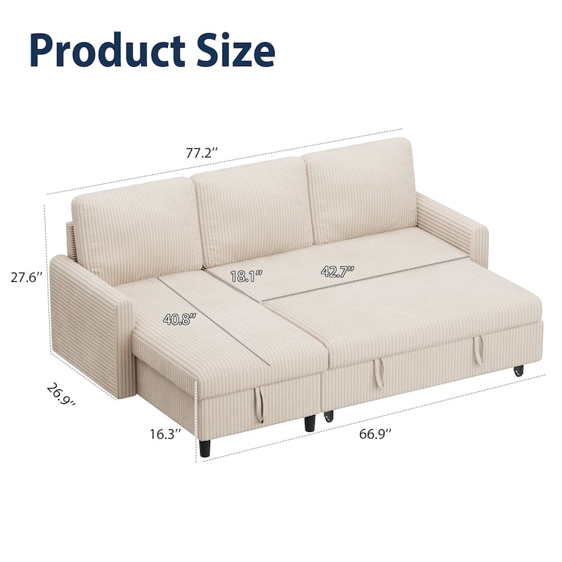Futzca Convertible Corduroy Sofa Bed with Storage, L-Shaped Sectional Couch
