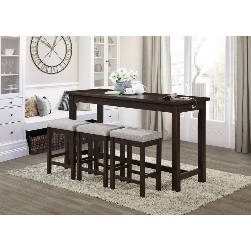 4pc Counter Height Dining Set Counter Height Table w Drawer Built-in USB Ports Power Outlets and 3 Stools Casual