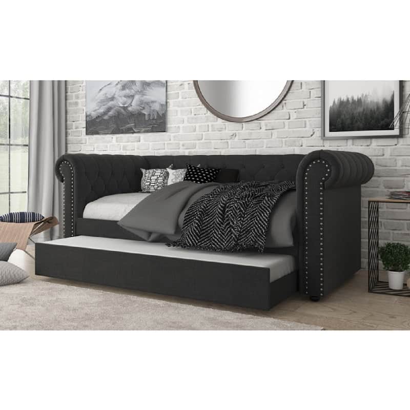Upholstered Daybed w/ Trundle, Tufted Rolled Arm Livingroom Sofa Bed - Charcoal