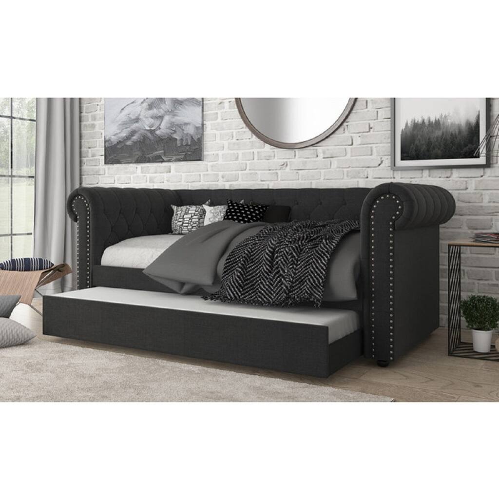 Upholstered Daybed w/ Trundle, Tufted Rolled Arm Livingroom Sofa Bed