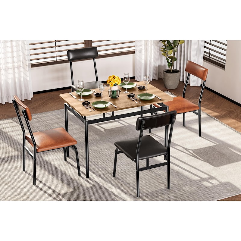 5 Piece Dining Table Set for 4, Small Industrial Kitchen Table with PU Padded Chairs & Metal Frames