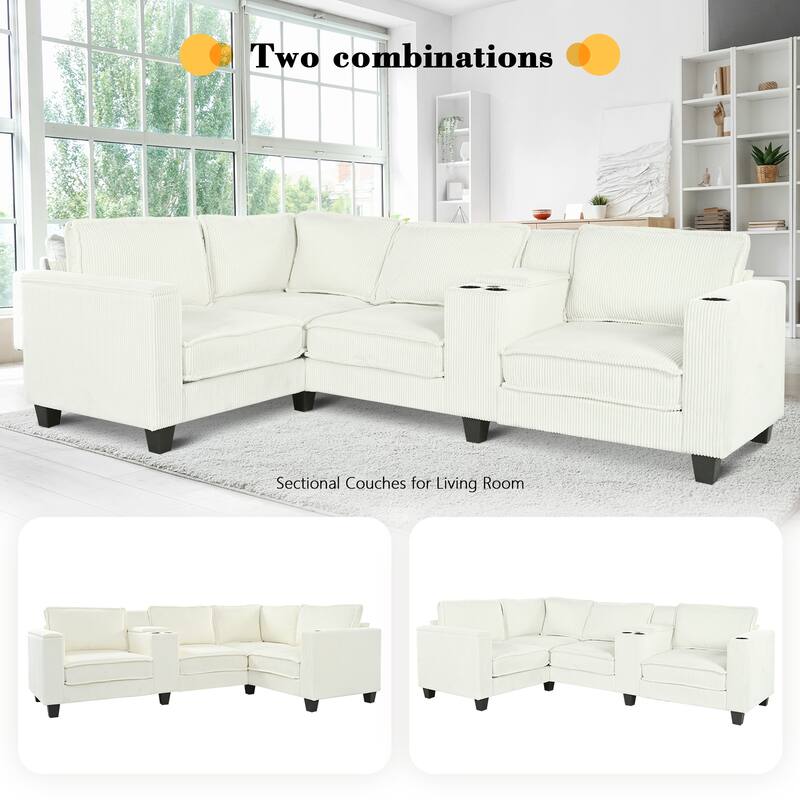 105" L-Shaped Corduroy Sectional Sofa with Storage Armrests and Console, 4-Seater Convertible Couch with USB charging