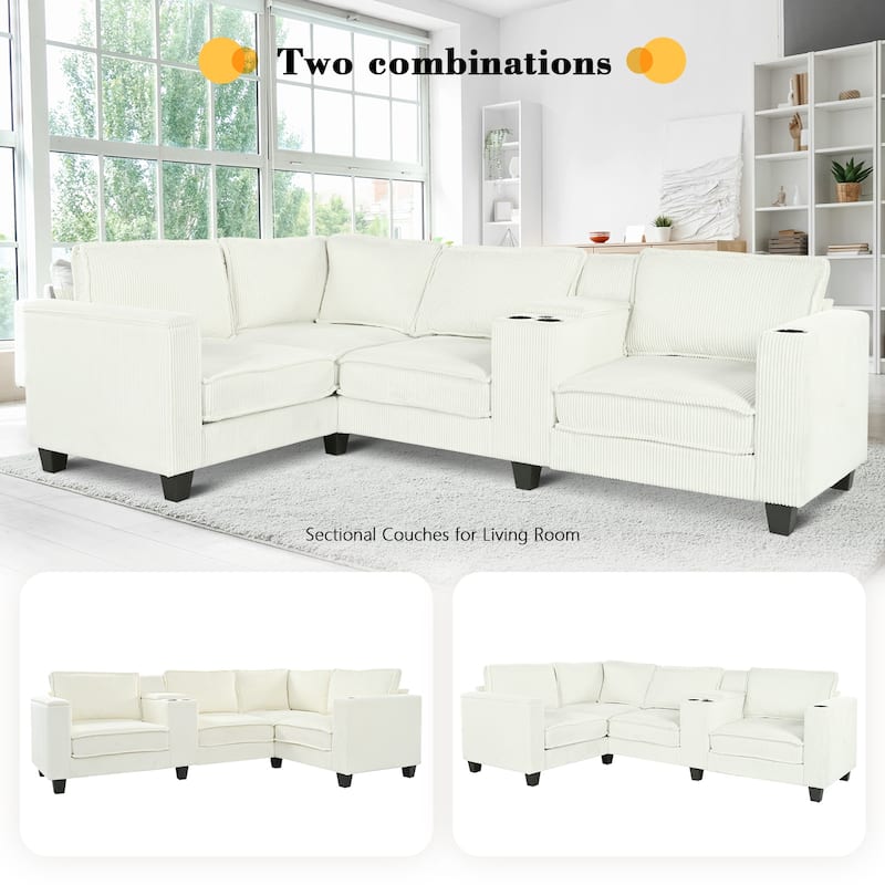 105.5" Corduroy L-Shaped Sectional Sofa with USB Charging and Storage, 4-Seater