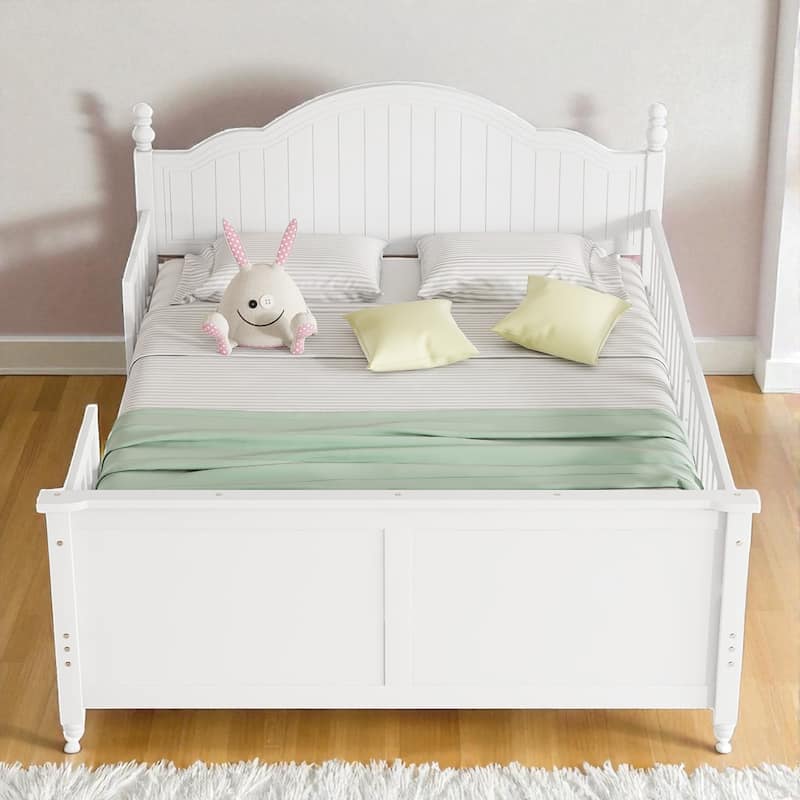 Twin/Full Size Wooden Kids Bed with Headboard, Footboard, Guardrails and Storage, Platform Bed Frame