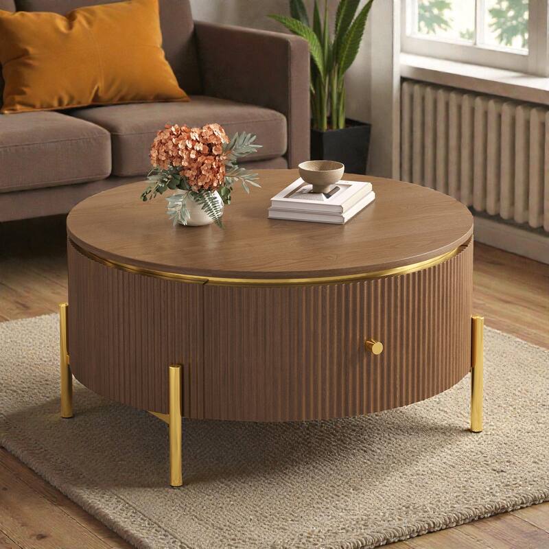 Modern Round Coffee Table with 2 Large Drawers, Marble Pattern MDF Top and Gold Metal Legs