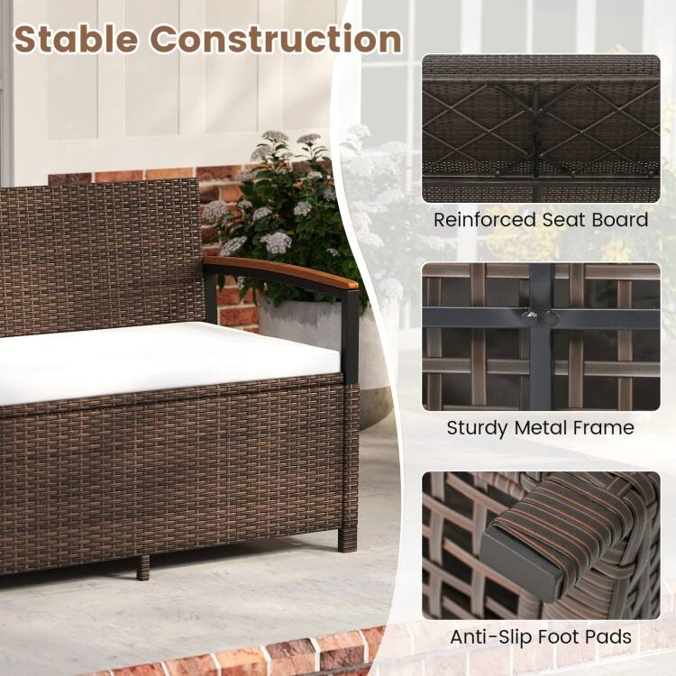 Mix Brown PE Rattan Outdoor Storage Bench with Beige Cushion and 46-Gal Capacity - 47" × 24" × 33"
