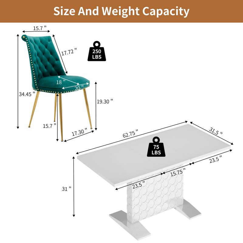 7-Piece Clihome High-gloss Extendable Table Velvet Chair Dining Set
