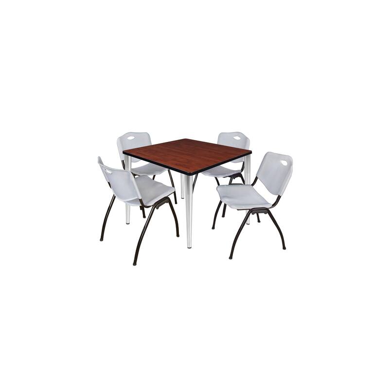 36 in. Square Breakroom Table- Cherry Top, Chrome Base & 4 M Stack Chairs- Grey