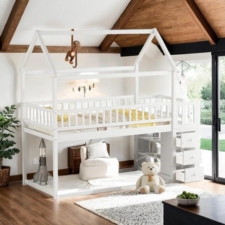 Charming Twin over Twin House Bunk Bed with Roof, Shelves, and Drawers, Sturdy Pine Wood Construction, Space-Saving for Kids