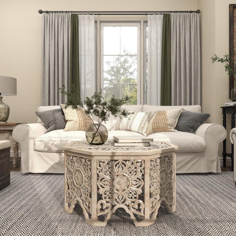 Wooden Floral Handmade Intricately Carved Coffee Table with Hollow Interior - Light Gray or Cream - Roche River Decor