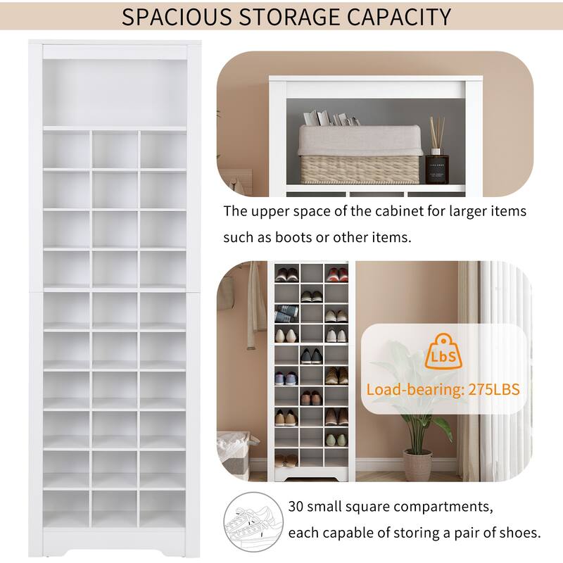 Tall Shoe Cabinet with 30 Cubbies, Storage Solution for Hallway or Bedroom Organization
