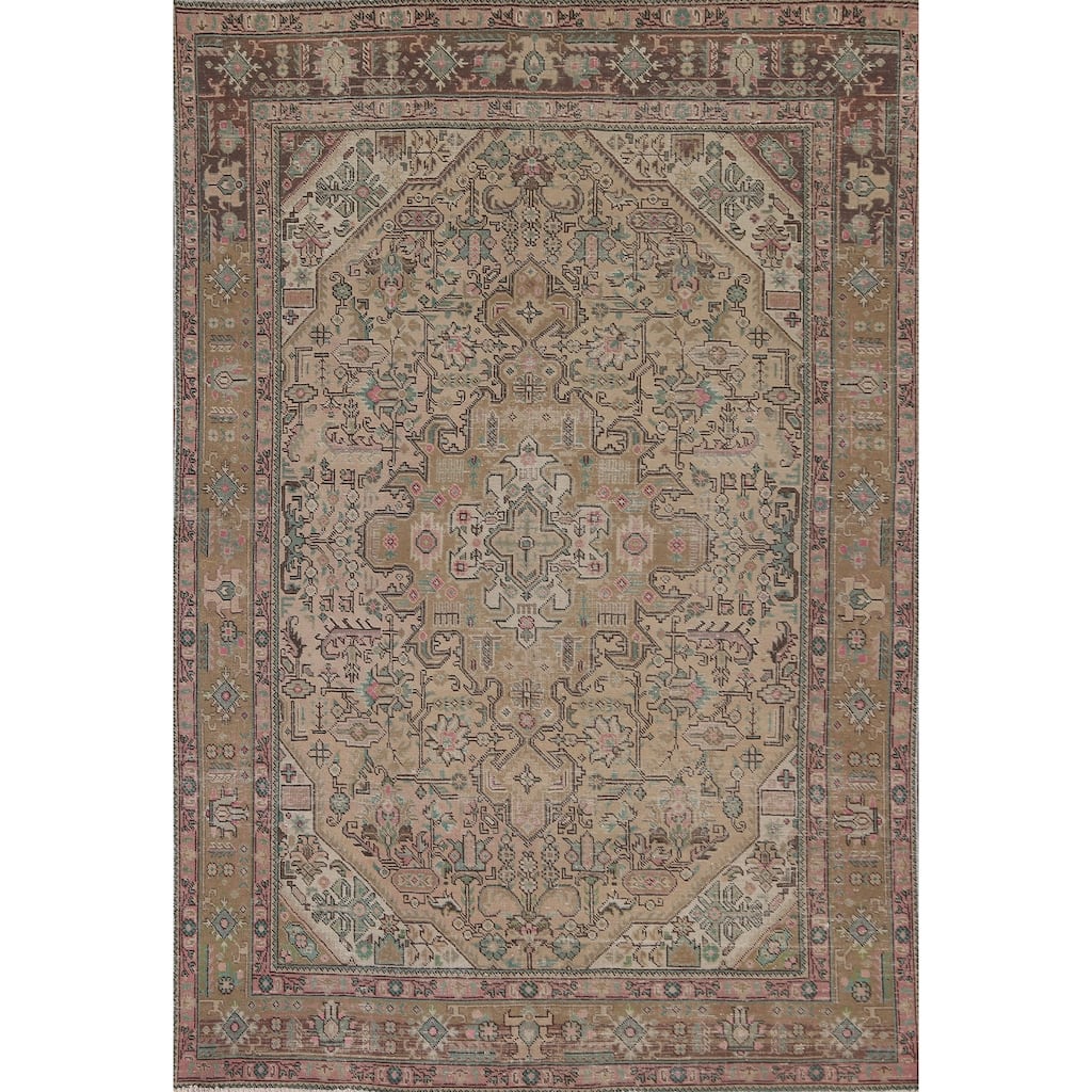 Distressed Tabriz Persian Vintage Rug Hand-Knotted Peach Wool Carpet - 6'7" x 9'6"