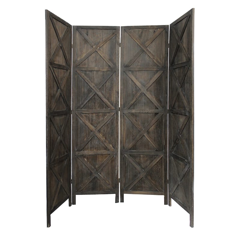79 Inch Wood 4 Panel Screen Room Divider, Crossed Accents, Brown