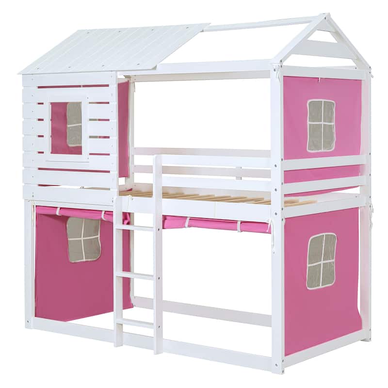 Pink+White Twin Size Solid Wood House Bunk Bed with Tent, Ladder and Fence for Kids, Bedroom