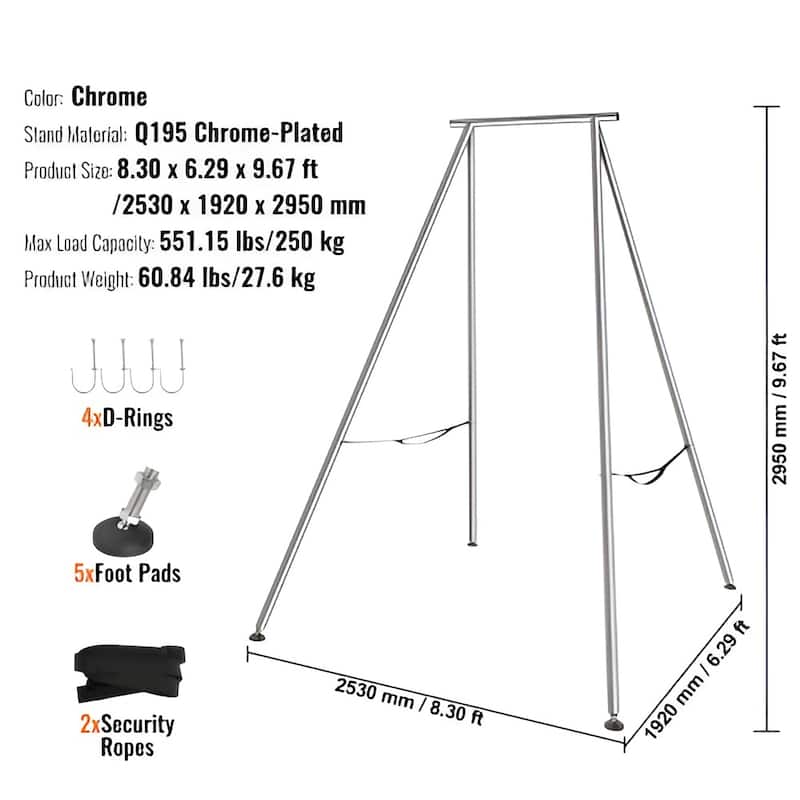 Chrome Steel Aerial Yoga Stand, 9.67ft Frame, Supports 551 lbs - 8.30 x 6.3 x 9.68 ft