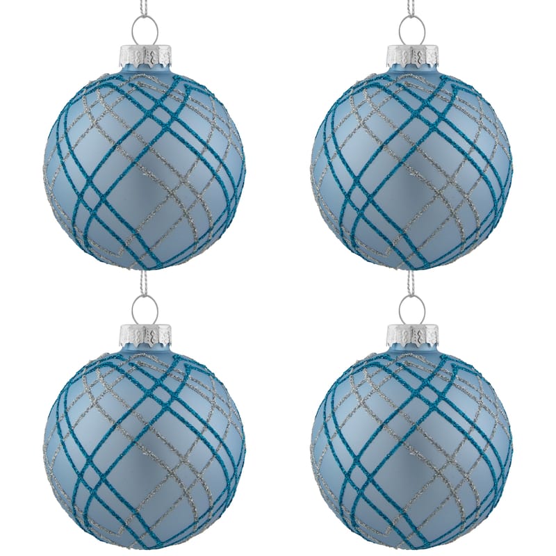 4ct Blue Silver Plaid Glitter Glass Christmas Ornament Set 2.75"