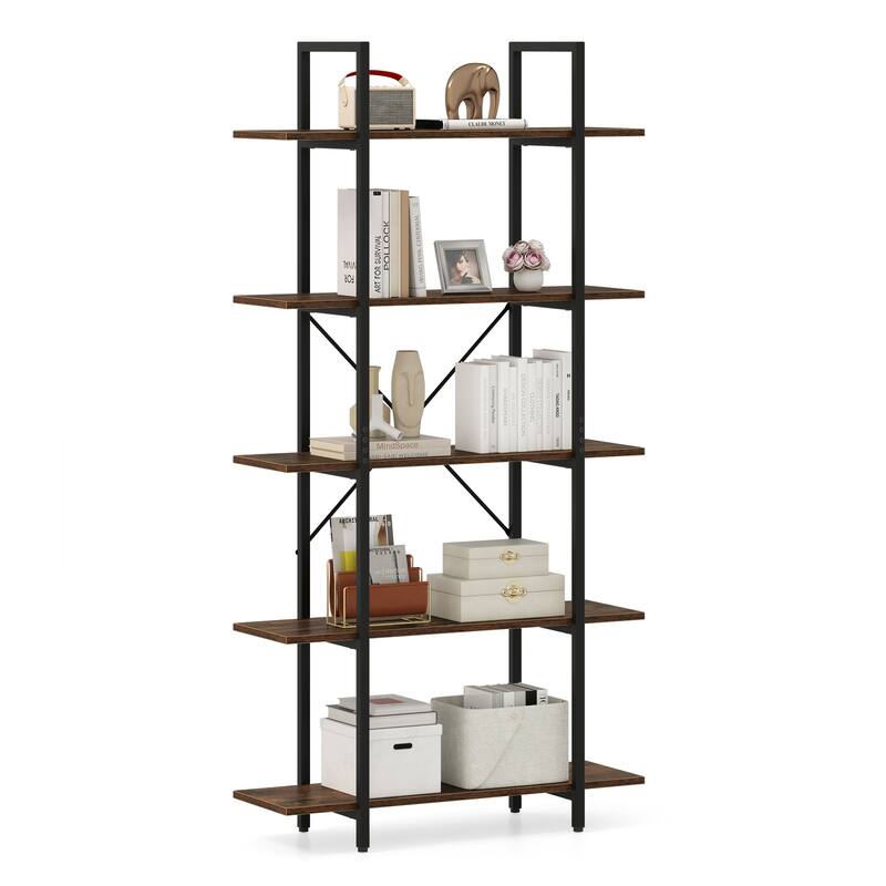 Rustic Brown Engineered Wood and Black Metal 5-Tier Bookcase Tall with Anti-Tip Kits - 31.5" L x 11" W x 62" H - Rustic Brown-Black