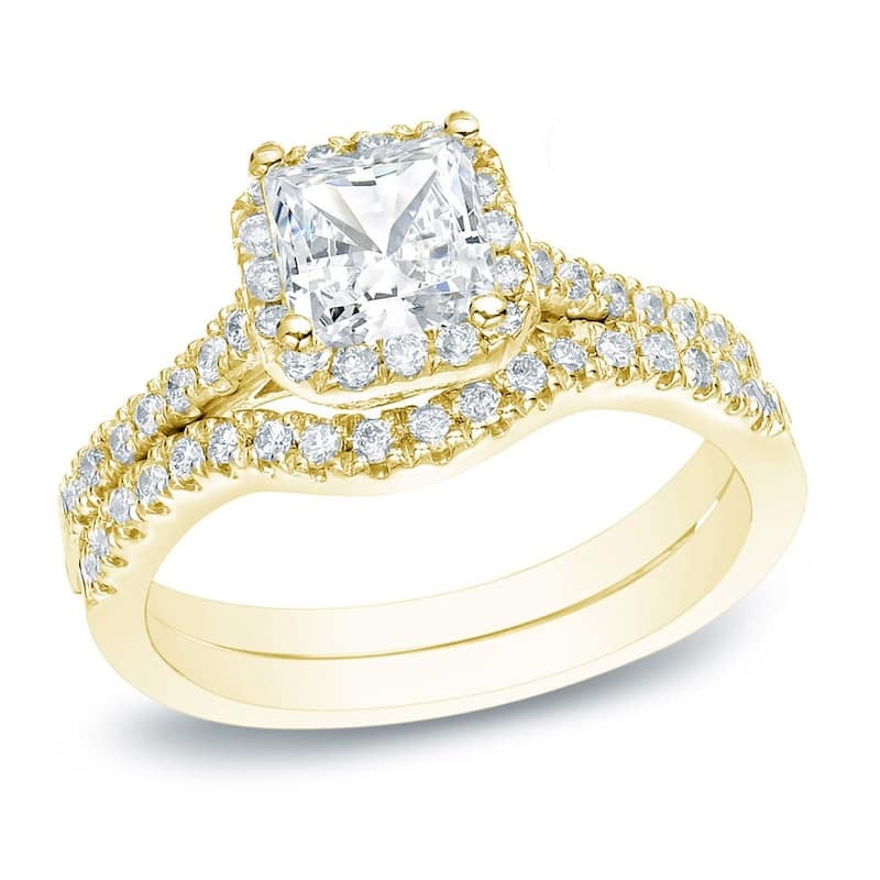 Auriya 14k Gold 1 1/5ctw Princess-cut Diamond Halo Engagement Ring Bridal Set - Yellow - 4