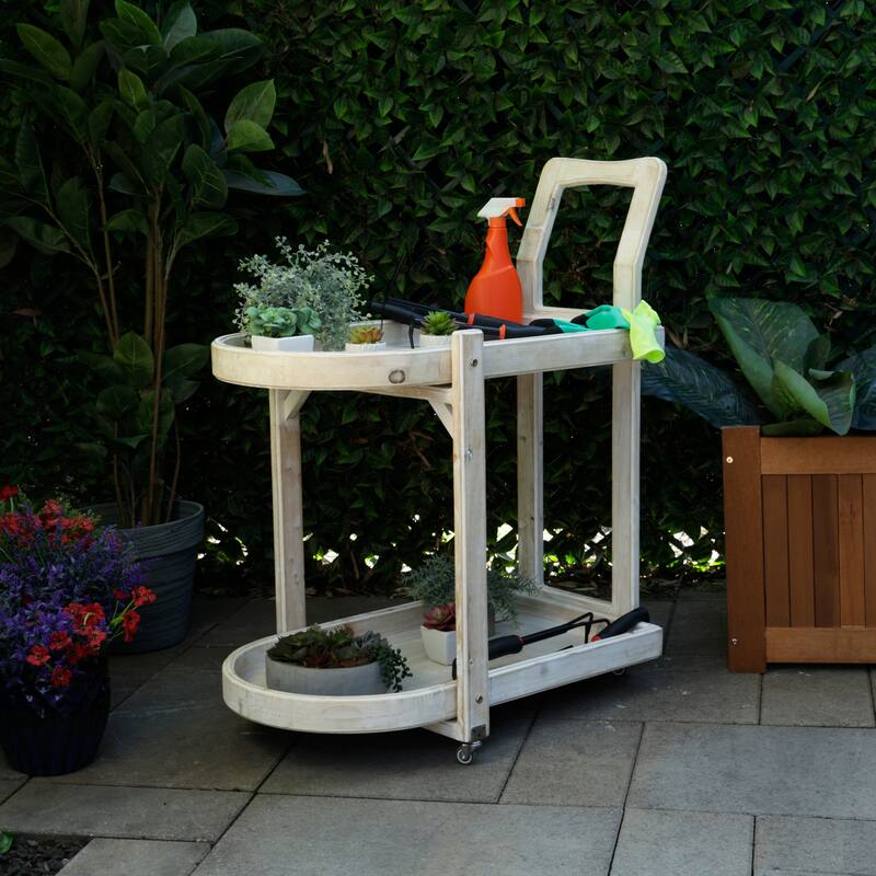 Wooden 2-Tier Push Cart Storage with Wheels