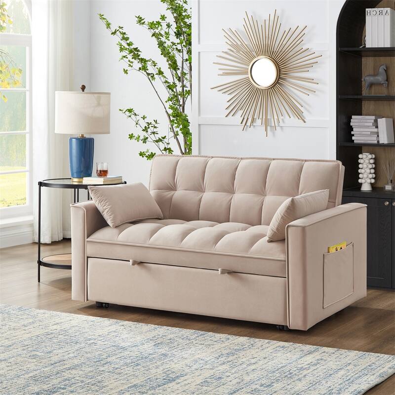 4 in1 Tufted Pull-out Sofa Bed with Backrest, Pillows, Storage Pockets