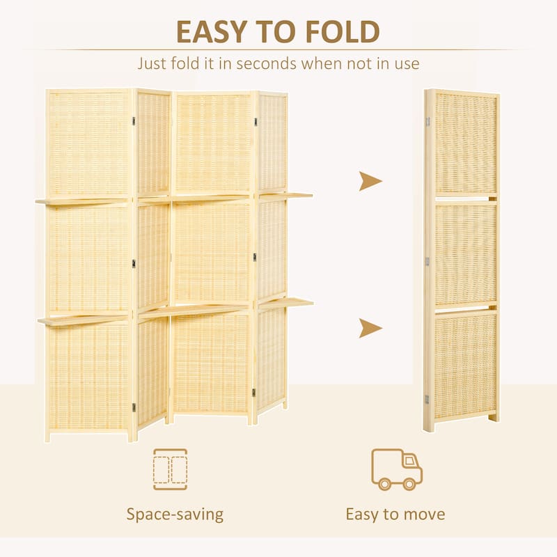 4-Panel Bamboo Folding Room Divider Screens with Storage Shelves