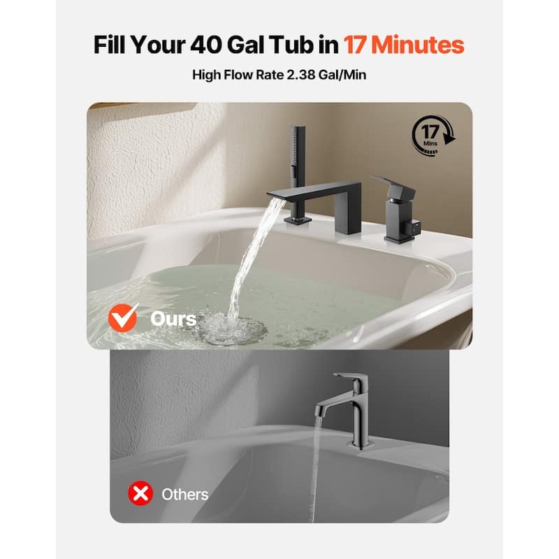 Matte Black 3-Hole Deck Mount Widespread Roman Bathtub Faucet with Waterfall Fill and Handheld Shower - 8.94” x 2.83” x 6.89”