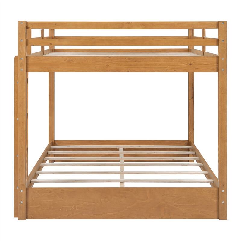 Queen Over Queen Size Bunk Bed with Ladder and Guardrail, Solid Wood Bunk Bedframe with Slats Support for Kids Bedroom