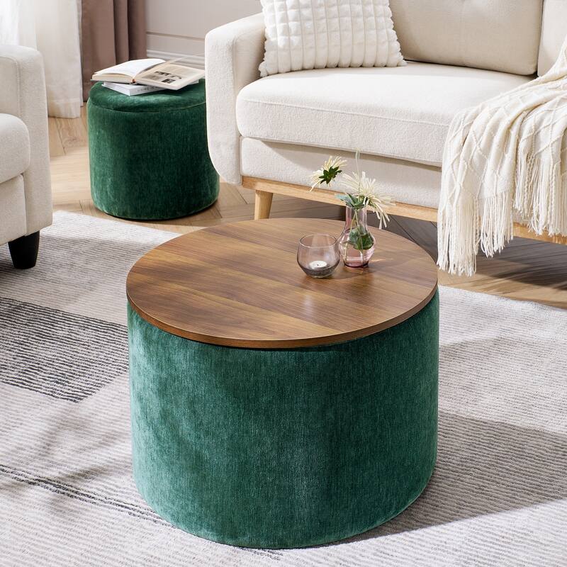 Roomfitters 2-Piece Round Chenille Storage Ottoman Set with Drum-Shaped Stool and MDF Top, Hidden Compartment