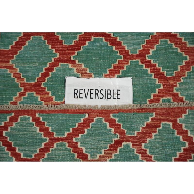 Hand Woven Oriental 100% Wool Carpet Southwestern All-Over Green Kilim Runner Rug - 9' 8'' X 2' 7''