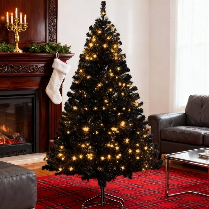 Realistic Branches Christmas Tree,Tall PreLit Artificial Christmas Tree with Warm White LED Lights and Tips - Black - Black
